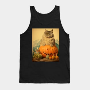 Weird Vintage Fat Cat and Pumpkin Halloween Collage - Whimsical Retro Charm Tank Top